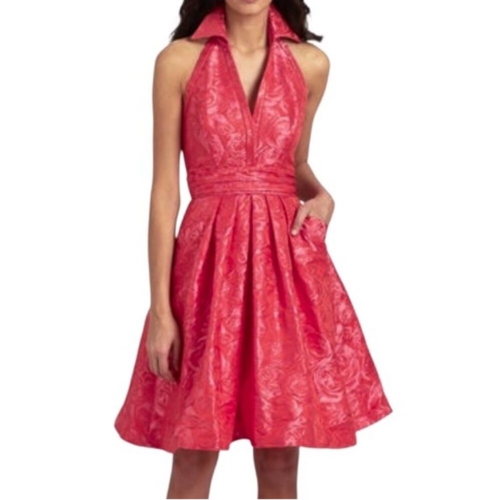 THEIA | Jacquard Textured Halter A-Line Dress